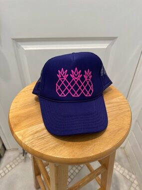 Tres Piñas Purple Trucker Hat with Neon Pink Pineapples